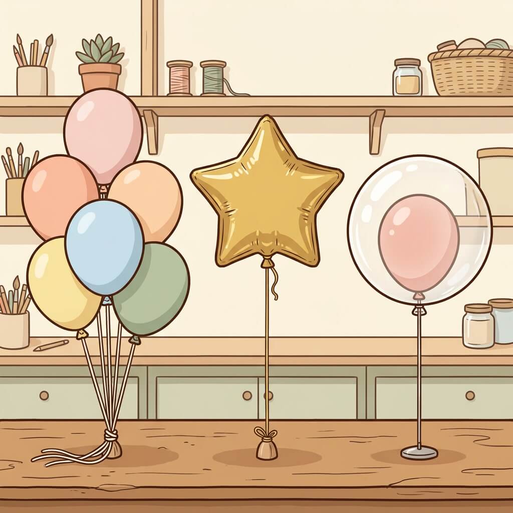 בלוני הליום שונים בתוך סצנה מאוירת