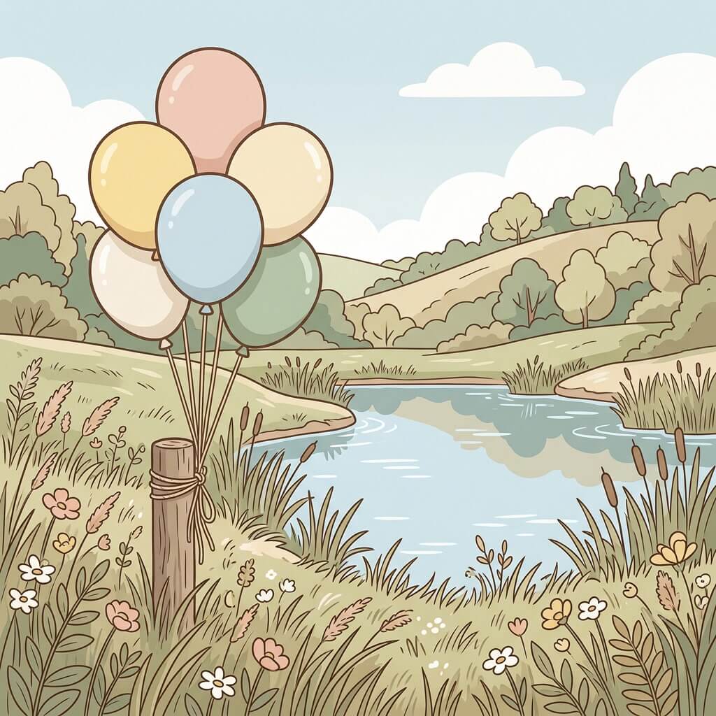 בלונים בצבעי פסטל קשורים לעמוד ליד אגם בנוף טבעי