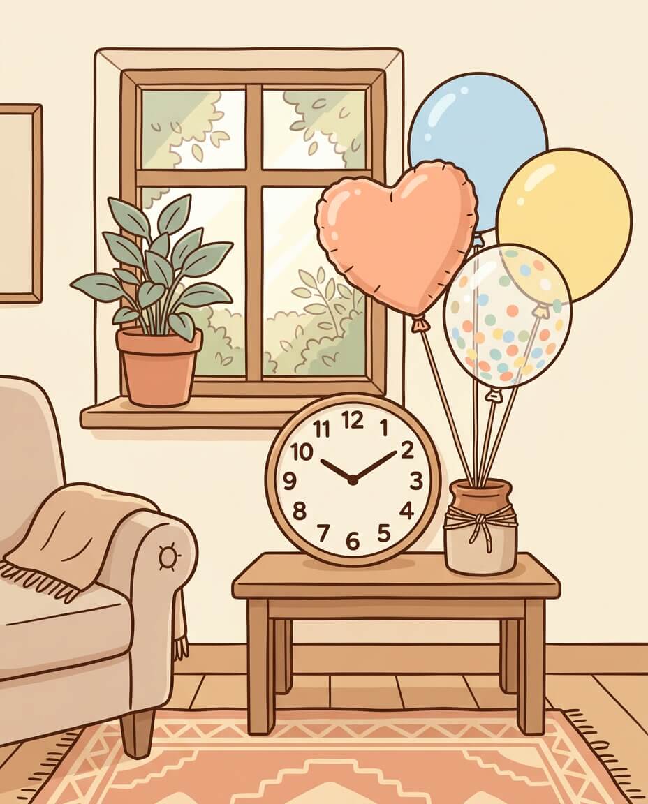 איור של ארבעה סוגי בלונים עם שעון גדול בסצנה ביתית