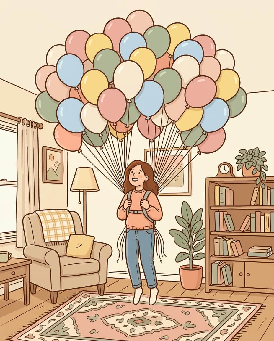 איור של אישה מתרוממת באוויר בעזרת אשכול גדול של בלונים