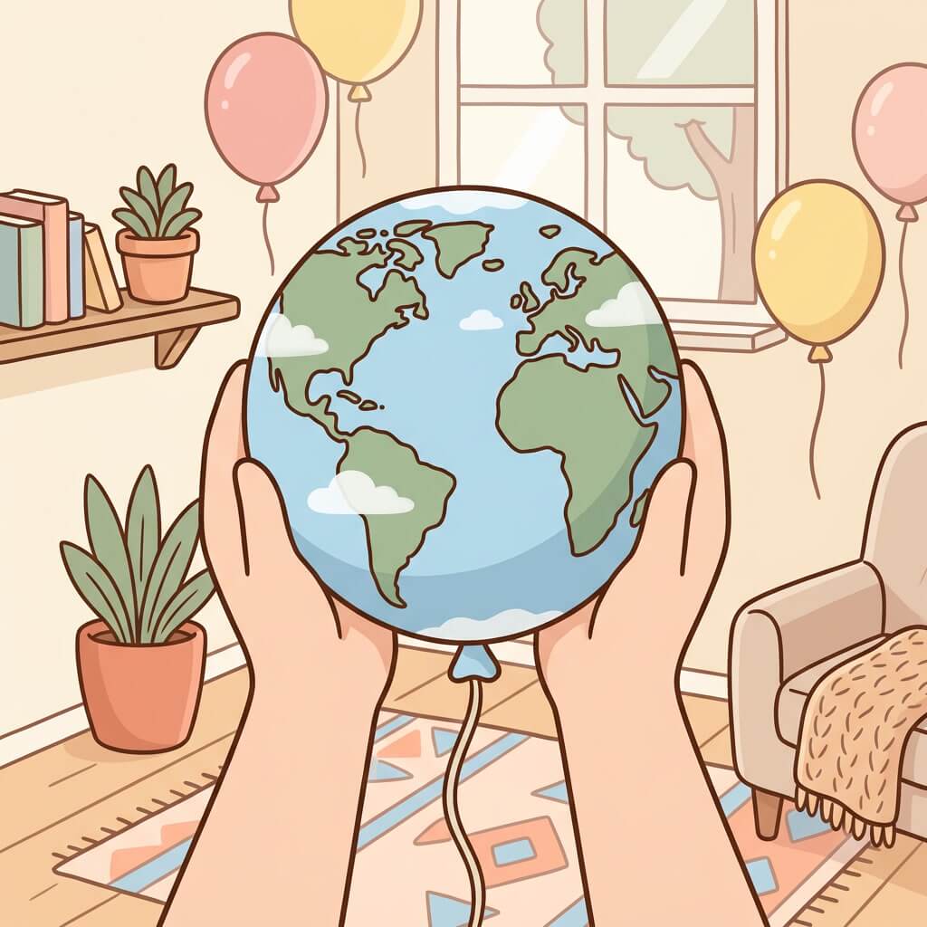 נושא ידיים מחזיקות בלון בצורת כדור הארץ בתוך חדר מאויר