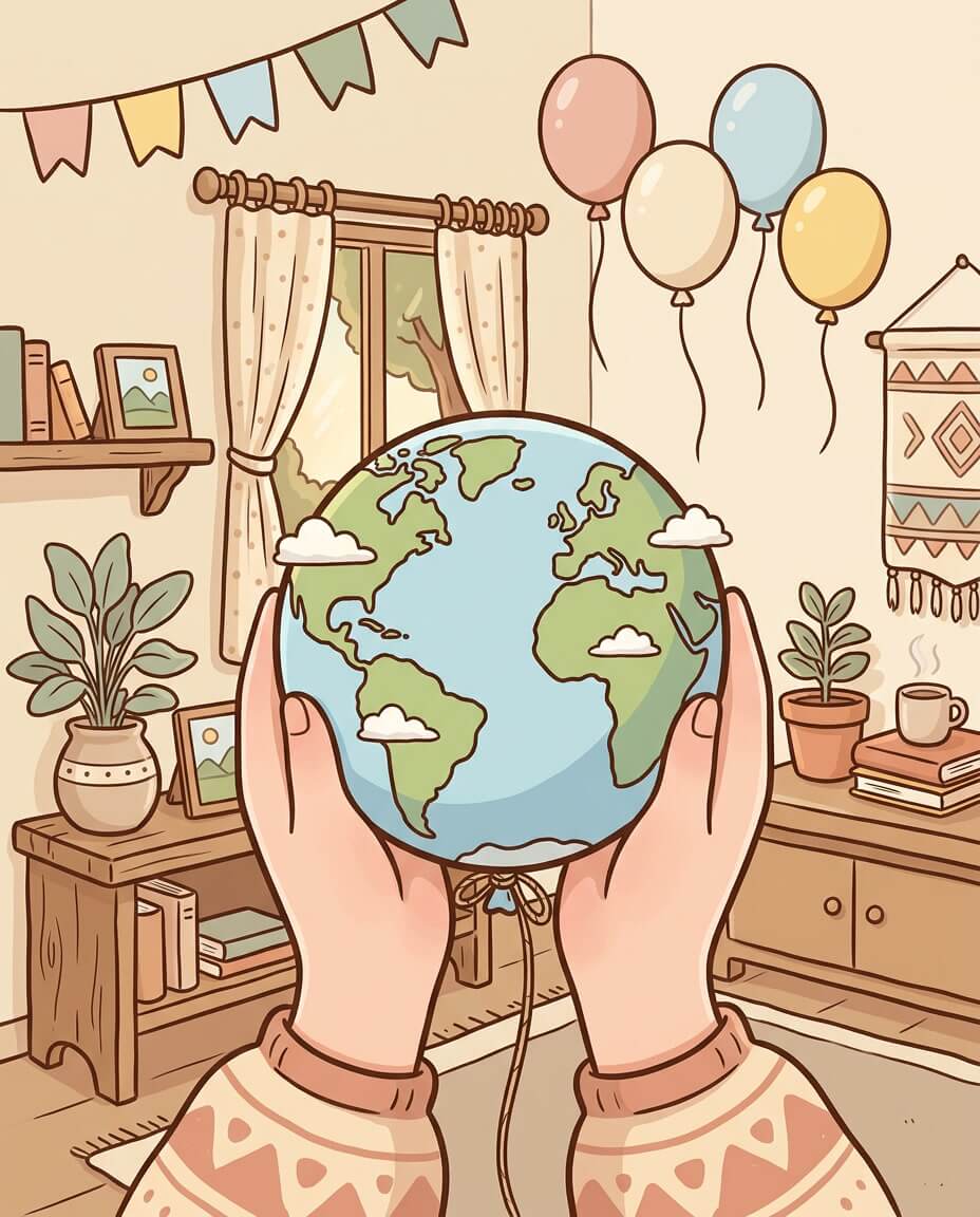 נושא ידיים מחזיקות בלון בצורת כדור הארץ בתוך חדר מאויר