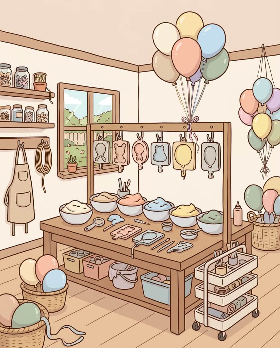 איור של סדנת בלונים עם חומרי עבודה ובלונים בתהליך הכנה