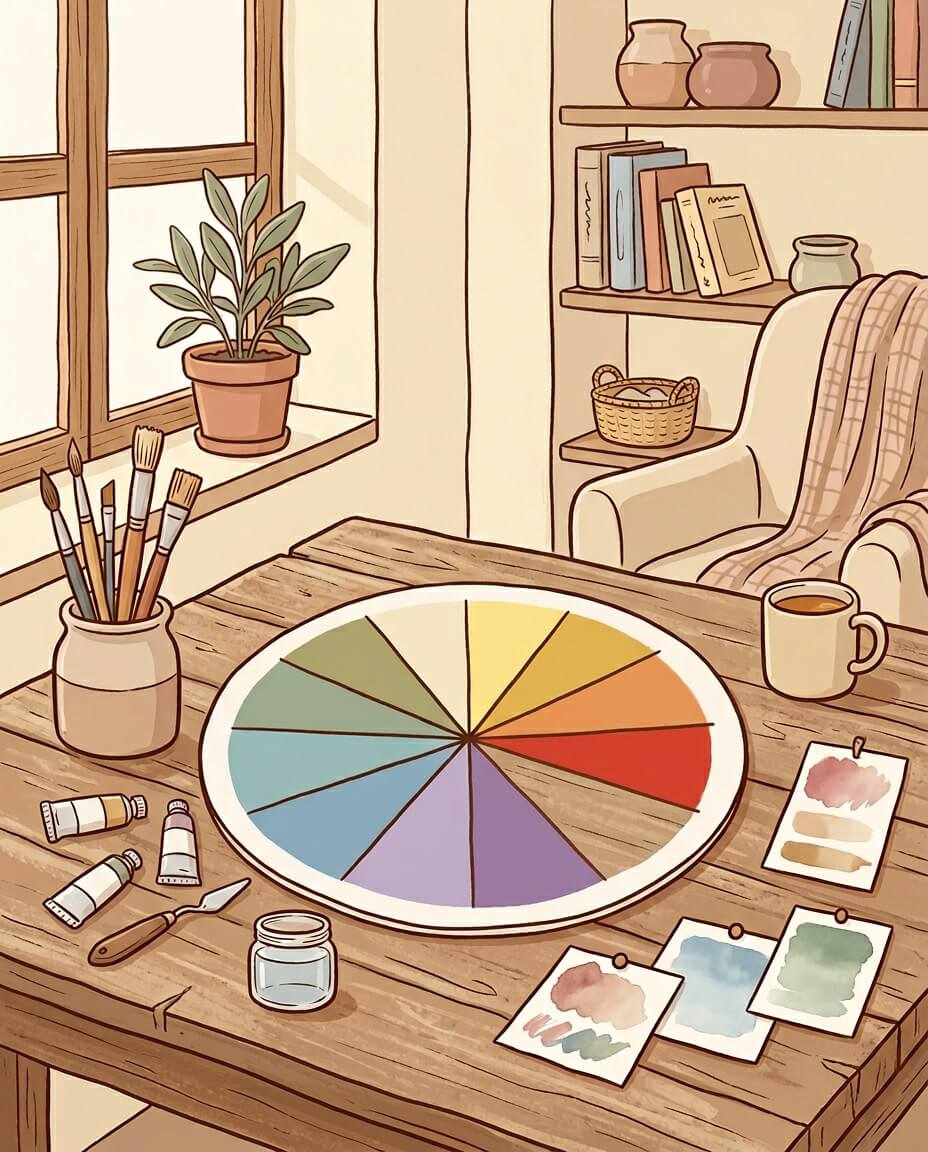 nano banana 2 a warm illustrated 4 5 cover scene inside a cozy room showing a color theory set 0