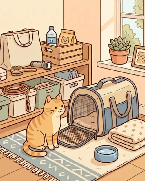 חתול ליד מנשא פתוח במרחב מוגן ביתי בזמן חירום