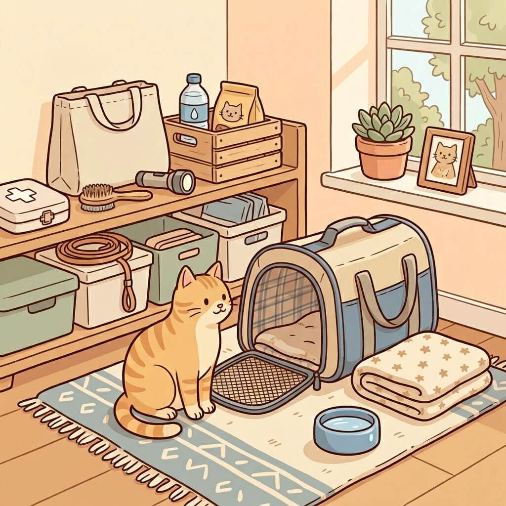 חתול ליד מנשא פתוח במרחב מוגן ביתי בזמן חירום