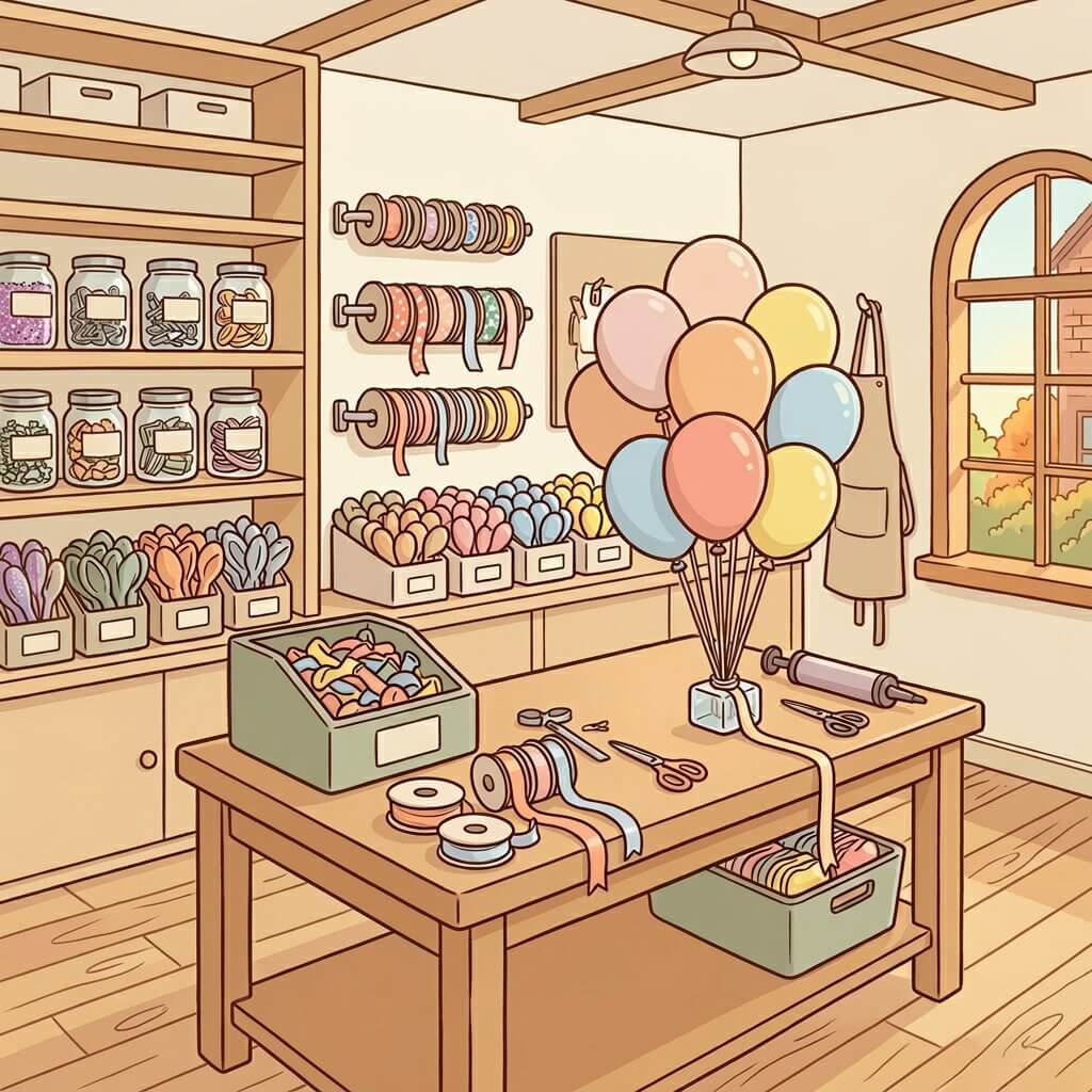 סטודיו בלונים מאויר עם כלי עבודה, סרטים ובלונים בצבעי פסטל