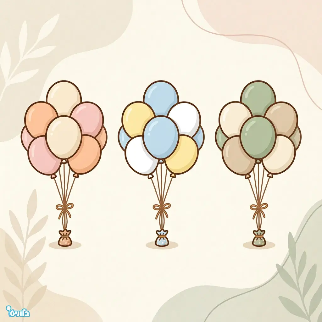 שלוש קבוצות קטנות של בלונים בצבעים משלימים על רקע בהיר