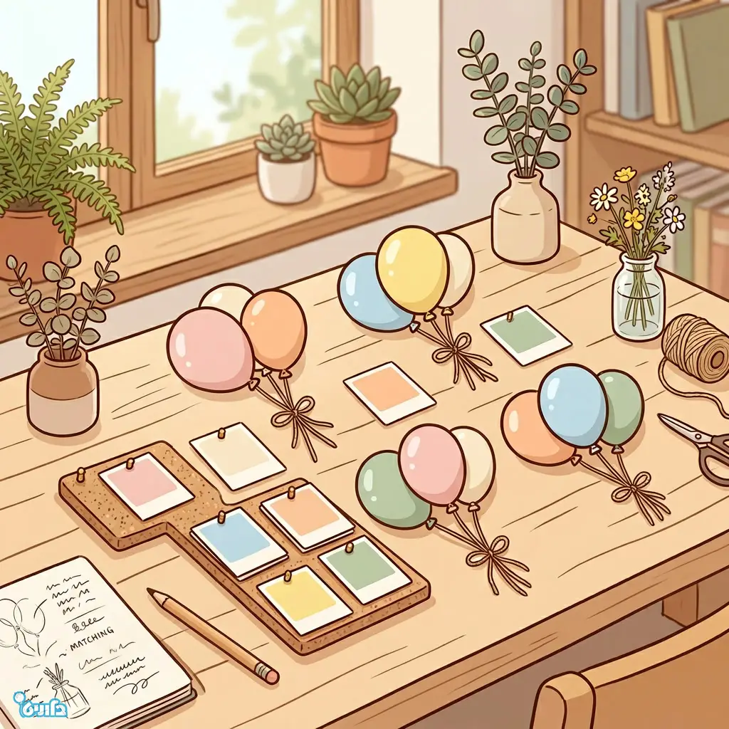 איור של פלטת צבעים ושילובי גוונים רכים לעיצוב בלונים ואירועים