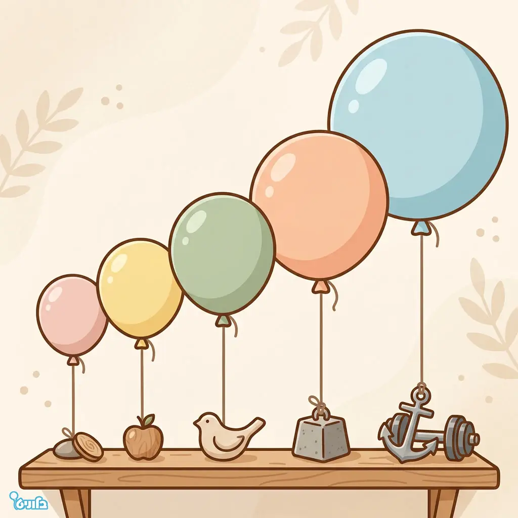 השוואה מאוירת בין בלונים קטנים, בינוניים וגדולים עם הדגשת קנה המידה.