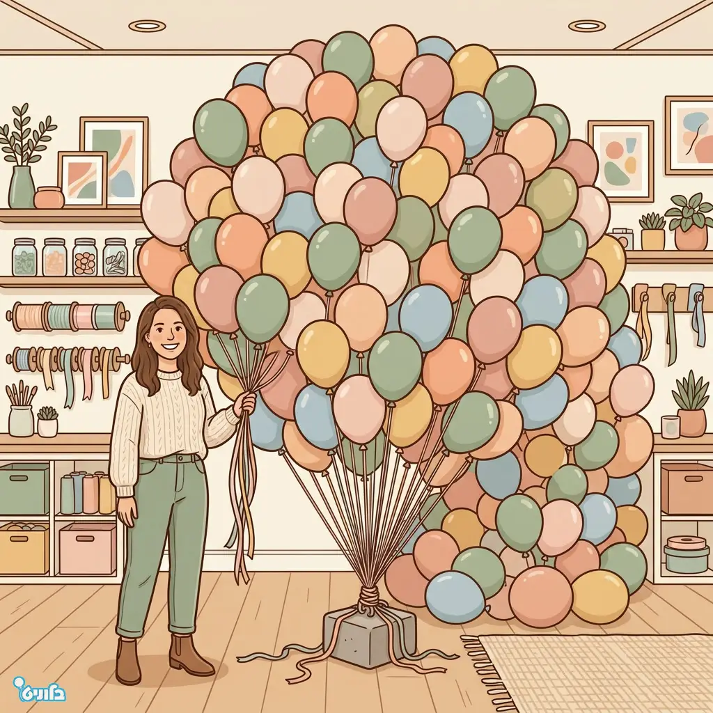 צרור עצום של בלונים קשור לעוגן על הרצפה ליד אדם בוגר כדי להמחיש קנה מידה