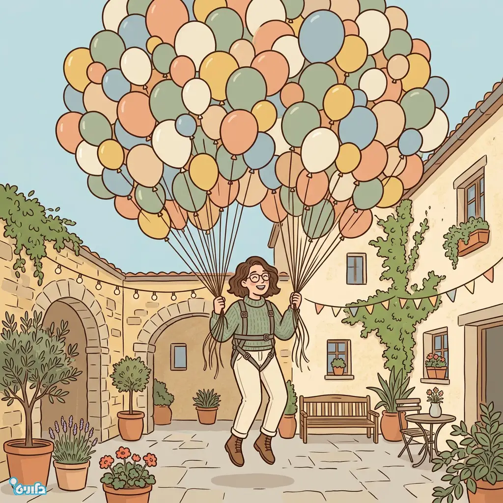 אדם בוגר מעט מורם מהקרקע בעזרת צרור ענק של בלוני הליום באיור הסבר.